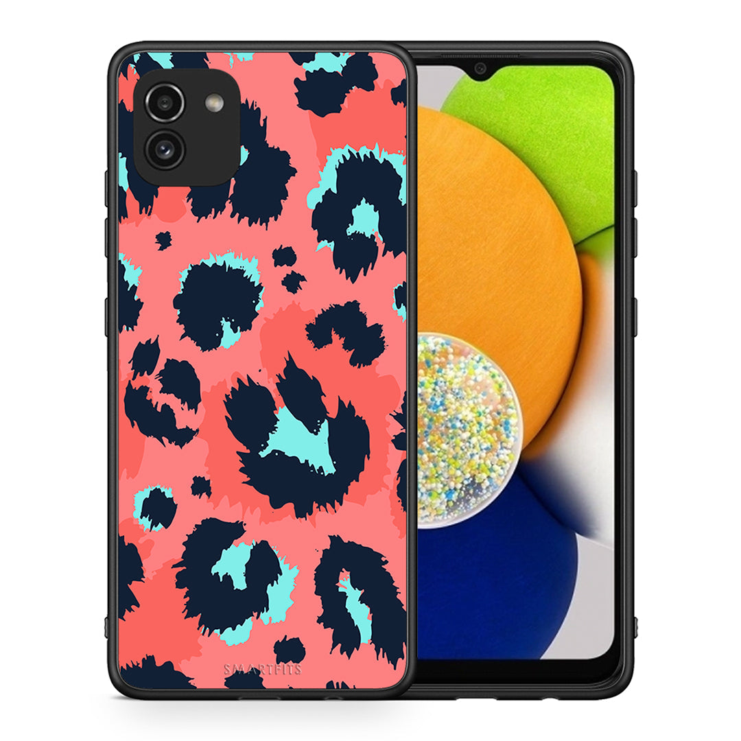 Θήκη Samsung A03 Pink Leopard Animal από τη Smartfits με σχέδιο στο πίσω μέρος και μαύρο περίβλημα | Samsung A03 Pink Leopard Animal case with colorful back and black bezels