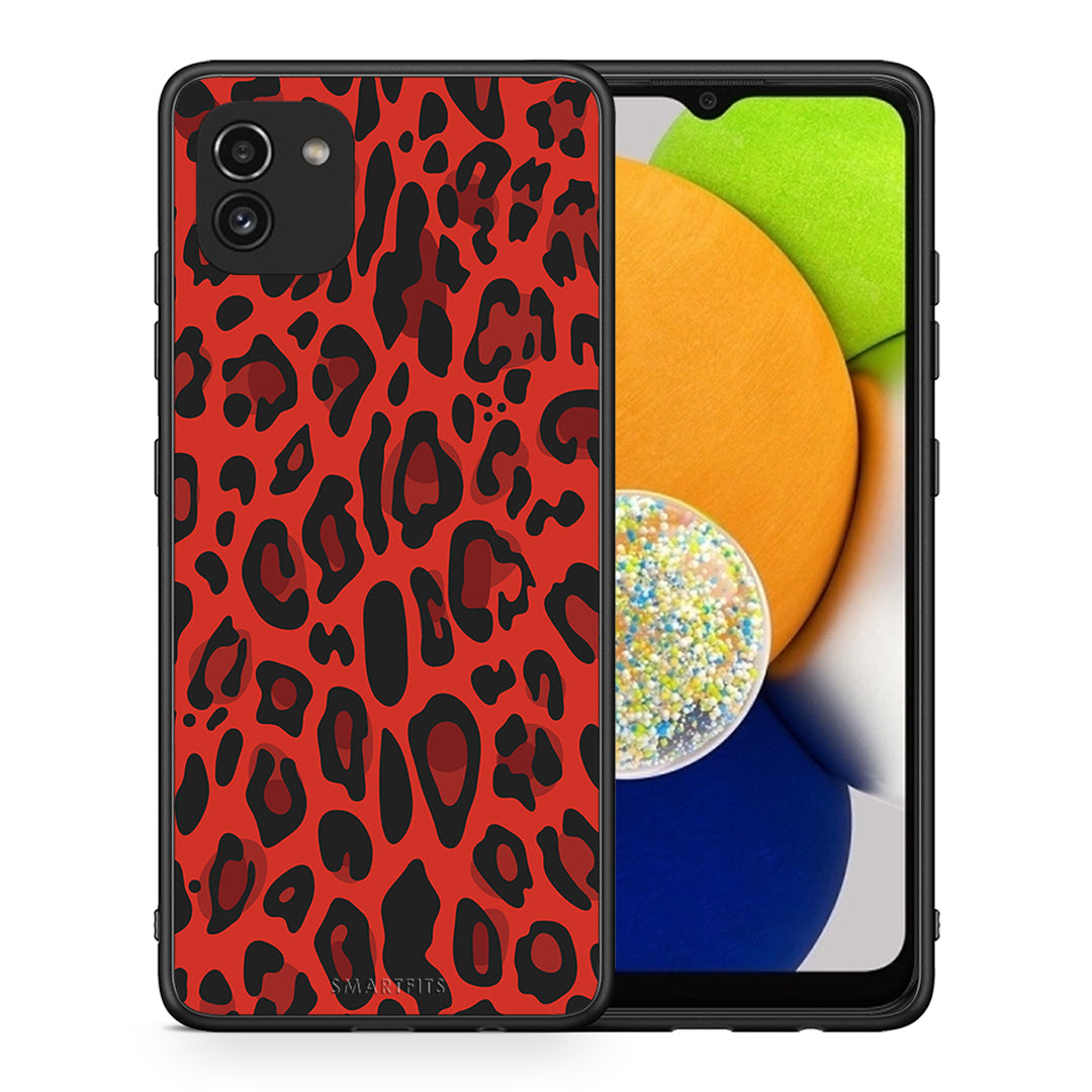 Θήκη Samsung A03 Red Leopard Animal από τη Smartfits με σχέδιο στο πίσω μέρος και μαύρο περίβλημα | Samsung A03 Red Leopard Animal case with colorful back and black bezels