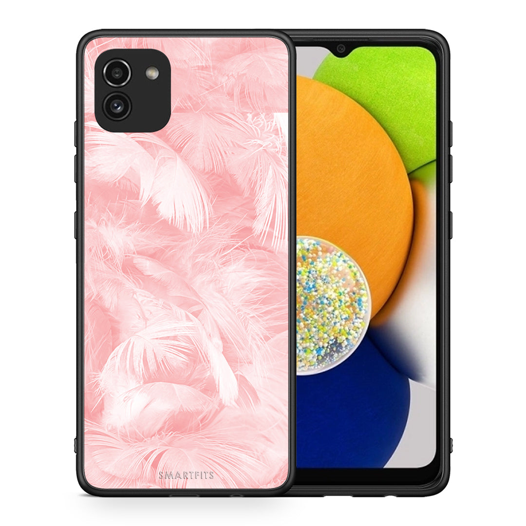 Θήκη Samsung A03 Pink Feather Boho από τη Smartfits με σχέδιο στο πίσω μέρος και μαύρο περίβλημα | Samsung A03 Pink Feather Boho case with colorful back and black bezels