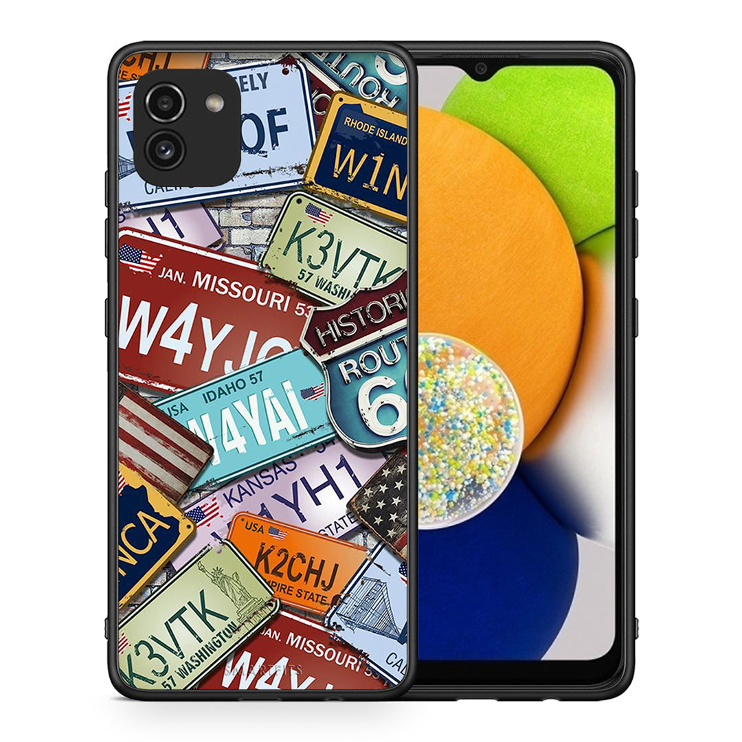 Θήκη Samsung A03 Car Plates από τη Smartfits με σχέδιο στο πίσω μέρος και μαύρο περίβλημα | Samsung A03 Car Plates case with colorful back and black bezels