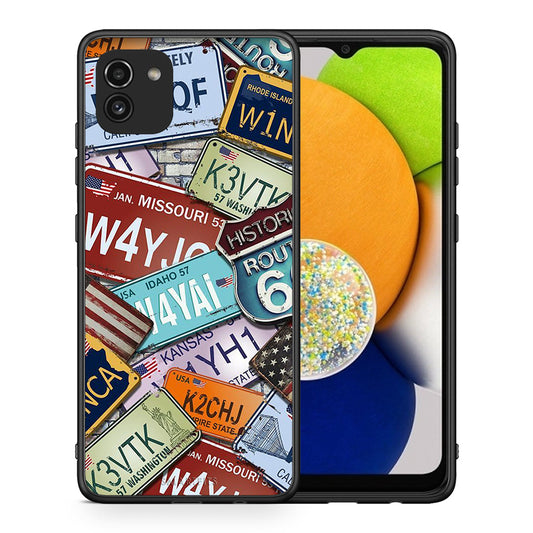 Θήκη Samsung A03 Car Plates από τη Smartfits με σχέδιο στο πίσω μέρος και μαύρο περίβλημα | Samsung A03 Car Plates case with colorful back and black bezels