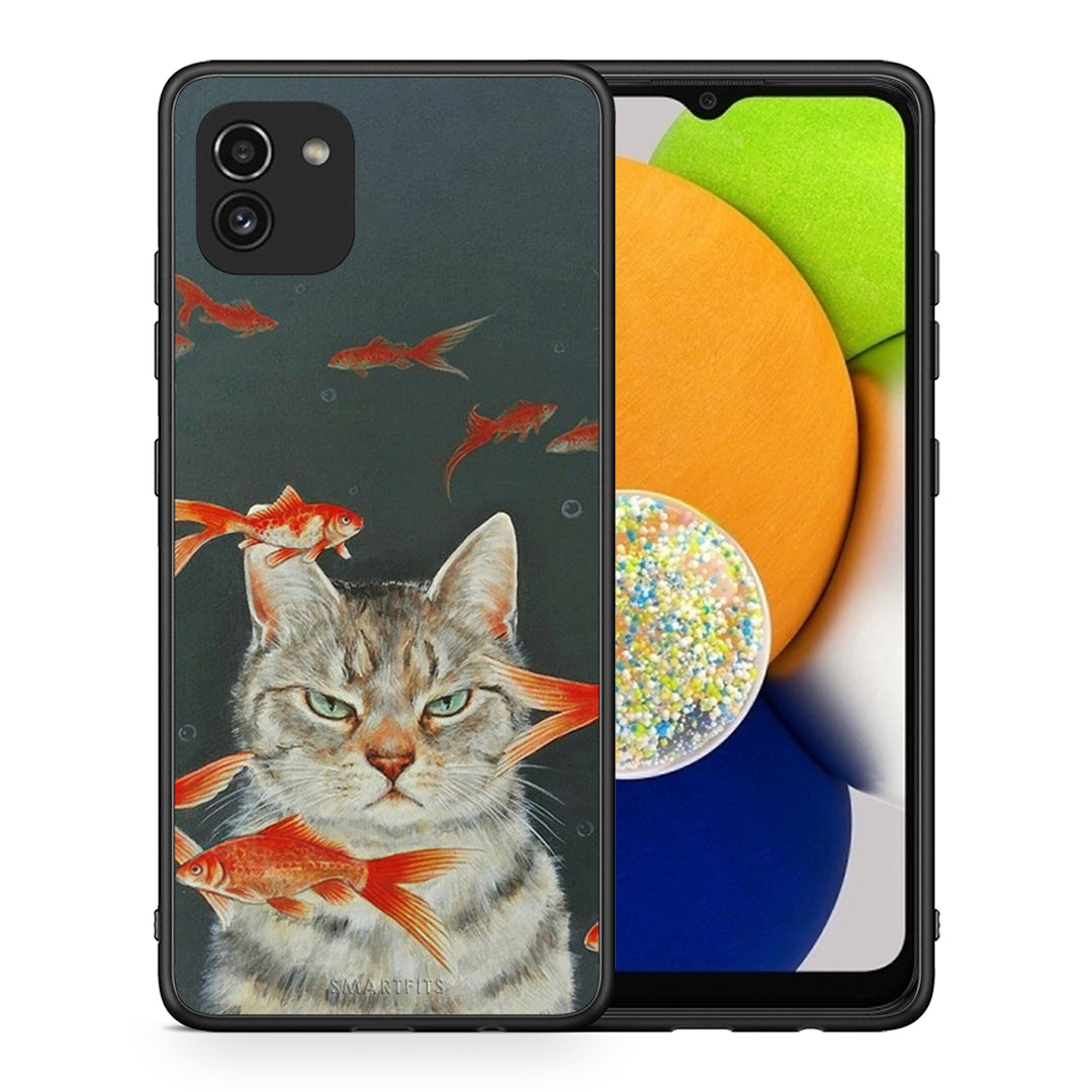 Θήκη Samsung A03 Cat Goldfish από τη Smartfits με σχέδιο στο πίσω μέρος και μαύρο περίβλημα | Samsung A03 Cat Goldfish case with colorful back and black bezels