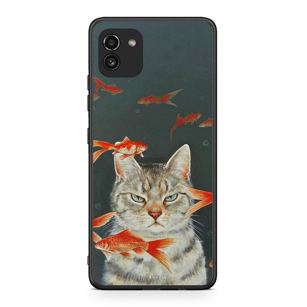 Samsung A03 Cat Goldfish θήκη από τη Smartfits με σχέδιο στο πίσω μέρος και μαύρο περίβλημα | Smartphone case with colorful back and black bezels by Smartfits