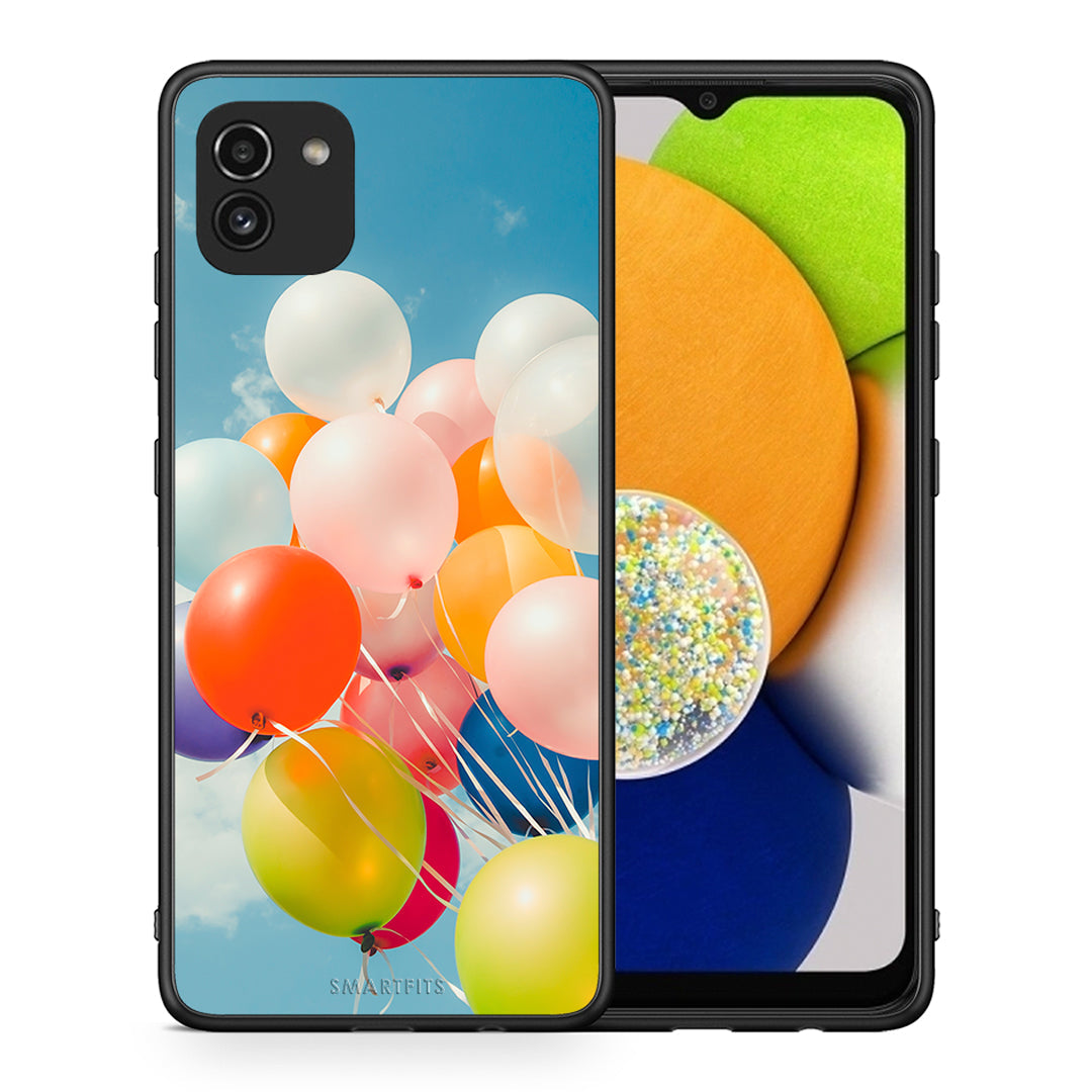 Θήκη Samsung A03 Colorful Balloons από τη Smartfits με σχέδιο στο πίσω μέρος και μαύρο περίβλημα | Samsung A03 Colorful Balloons case with colorful back and black bezels