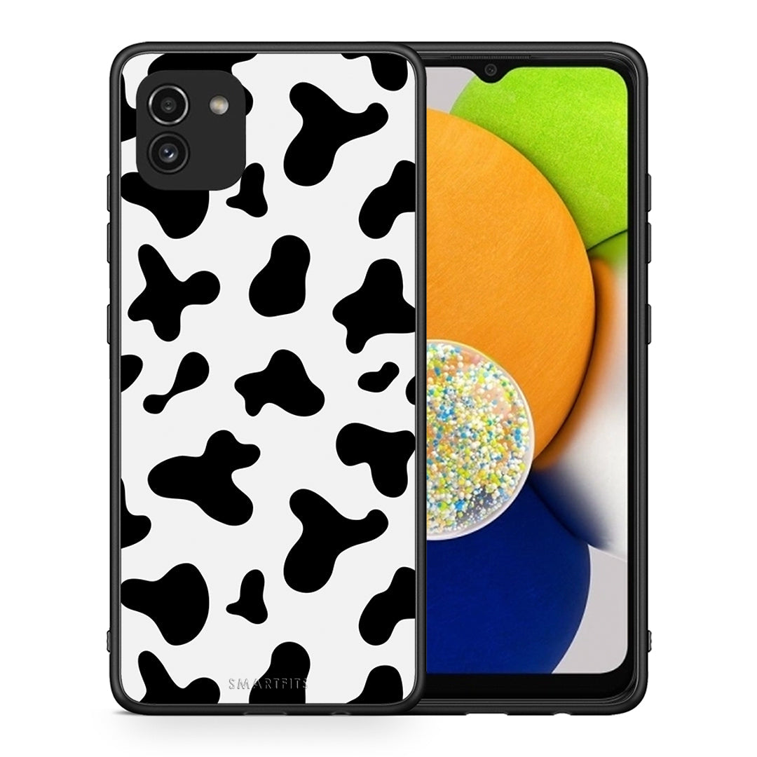 Θήκη Samsung A03 Cow Print από τη Smartfits με σχέδιο στο πίσω μέρος και μαύρο περίβλημα | Samsung A03 Cow Print case with colorful back and black bezels
