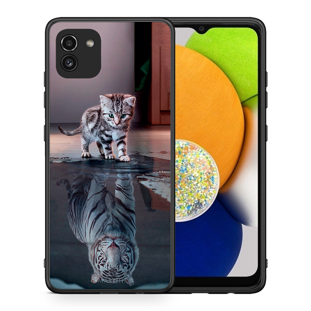 Θήκη Samsung A03 Tiger Cute από τη Smartfits με σχέδιο στο πίσω μέρος και μαύρο περίβλημα | Samsung A03 Tiger Cute case with colorful back and black bezels