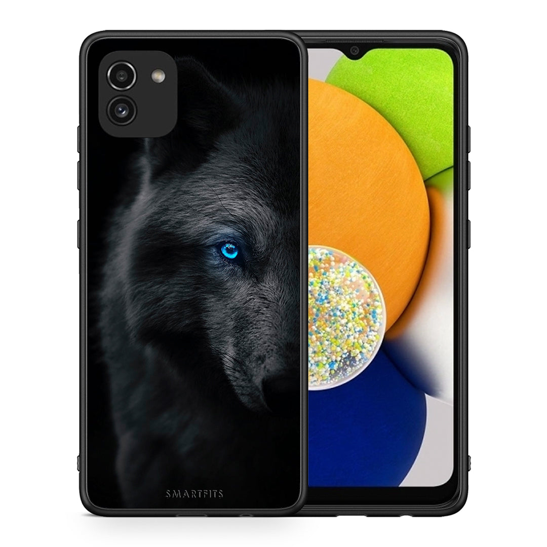 Θήκη Samsung A03 Dark Wolf από τη Smartfits με σχέδιο στο πίσω μέρος και μαύρο περίβλημα | Samsung A03 Dark Wolf case with colorful back and black bezels