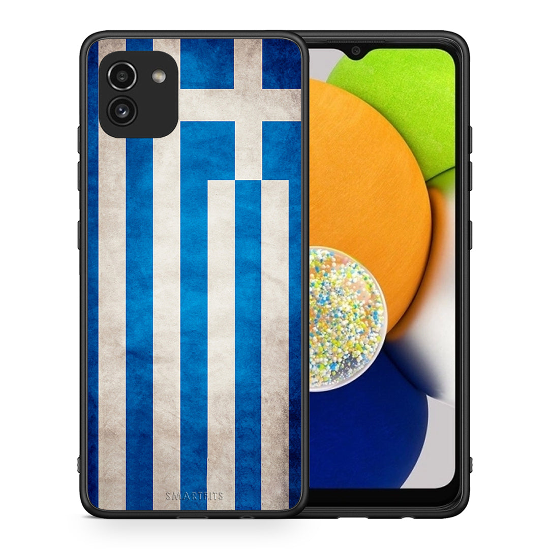 Θήκη Samsung A03 Greek Flag από τη Smartfits με σχέδιο στο πίσω μέρος και μαύρο περίβλημα | Samsung A03 Greek Flag case with colorful back and black bezels