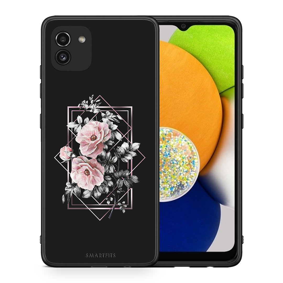 Θήκη Samsung A03 Frame Flower από τη Smartfits με σχέδιο στο πίσω μέρος και μαύρο περίβλημα | Samsung A03 Frame Flower case with colorful back and black bezels