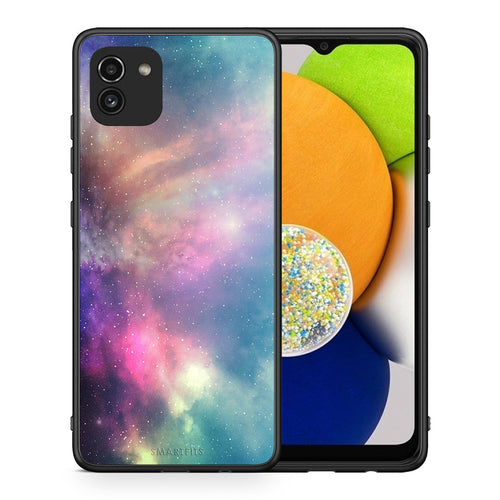 Θήκη Samsung A03 Rainbow Galaxy από τη Smartfits με σχέδιο στο πίσω μέρος και μαύρο περίβλημα | Samsung A03 Rainbow Galaxy case with colorful back and black bezels