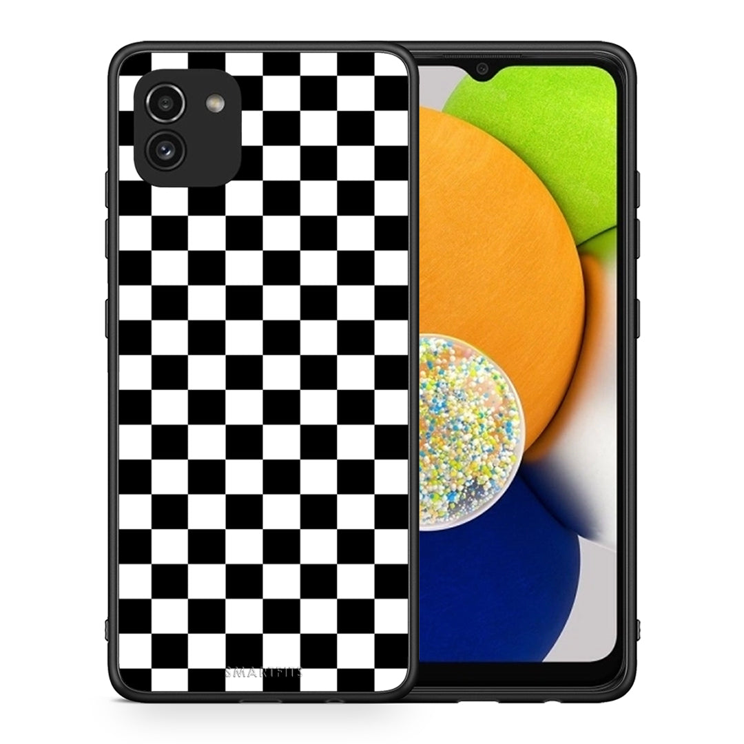 Θήκη Samsung A03 Squares Geometric από τη Smartfits με σχέδιο στο πίσω μέρος και μαύρο περίβλημα | Samsung A03 Squares Geometric case with colorful back and black bezels