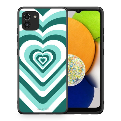 Θήκη Samsung A03 Green Hearts από τη Smartfits με σχέδιο στο πίσω μέρος και μαύρο περίβλημα | Samsung A03 Green Hearts case with colorful back and black bezels