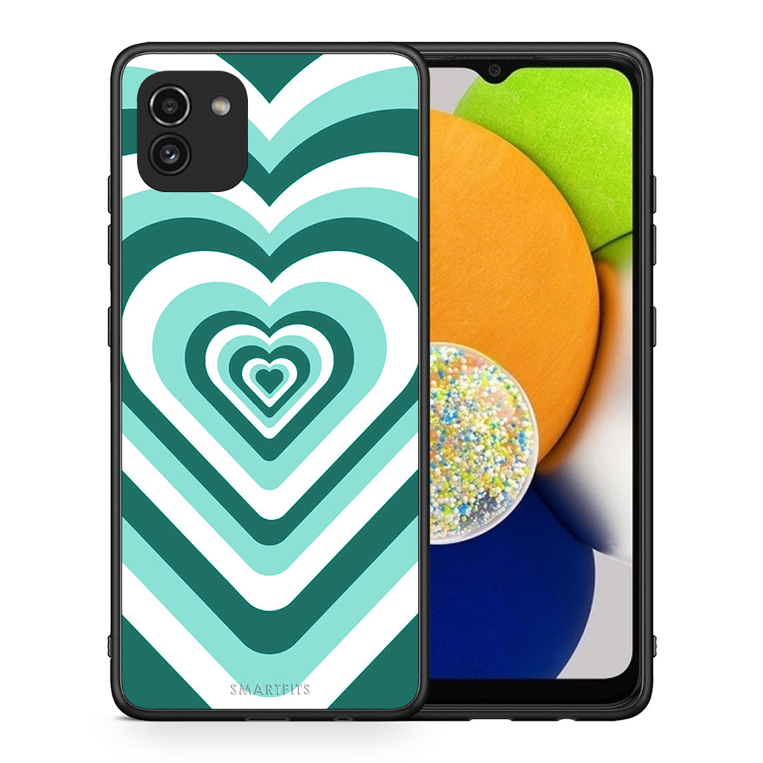 Θήκη Samsung A03 Green Hearts από τη Smartfits με σχέδιο στο πίσω μέρος και μαύρο περίβλημα | Samsung A03 Green Hearts case with colorful back and black bezels