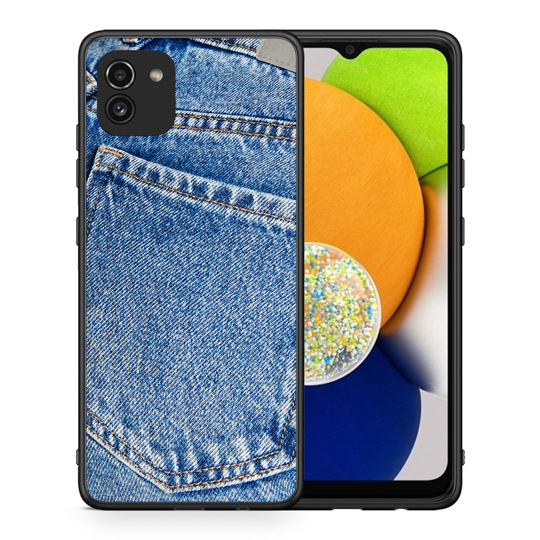 Θήκη Samsung A03 Jeans Pocket από τη Smartfits με σχέδιο στο πίσω μέρος και μαύρο περίβλημα | Samsung A03 Jeans Pocket case with colorful back and black bezels