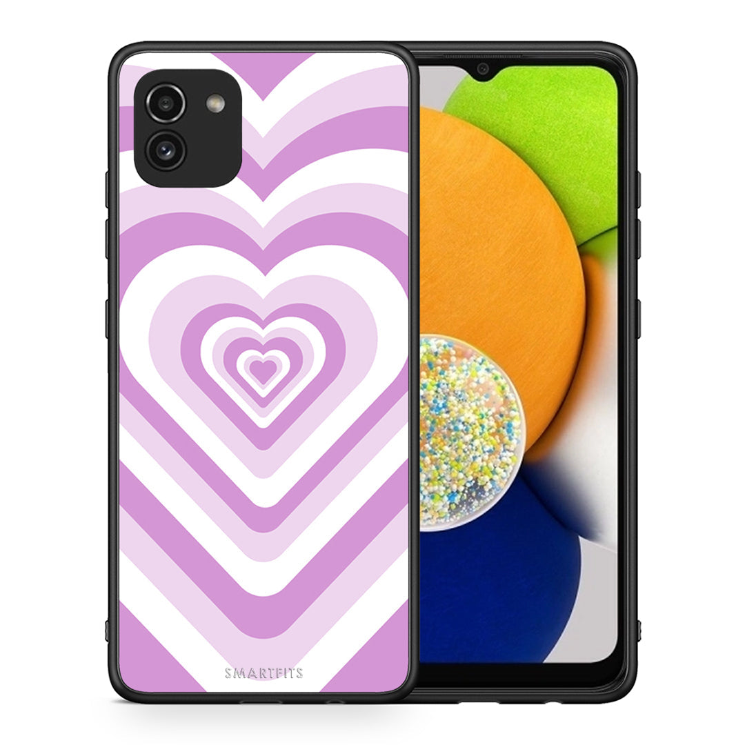 Θήκη Samsung A03 Lilac Hearts από τη Smartfits με σχέδιο στο πίσω μέρος και μαύρο περίβλημα | Samsung A03 Lilac Hearts case with colorful back and black bezels