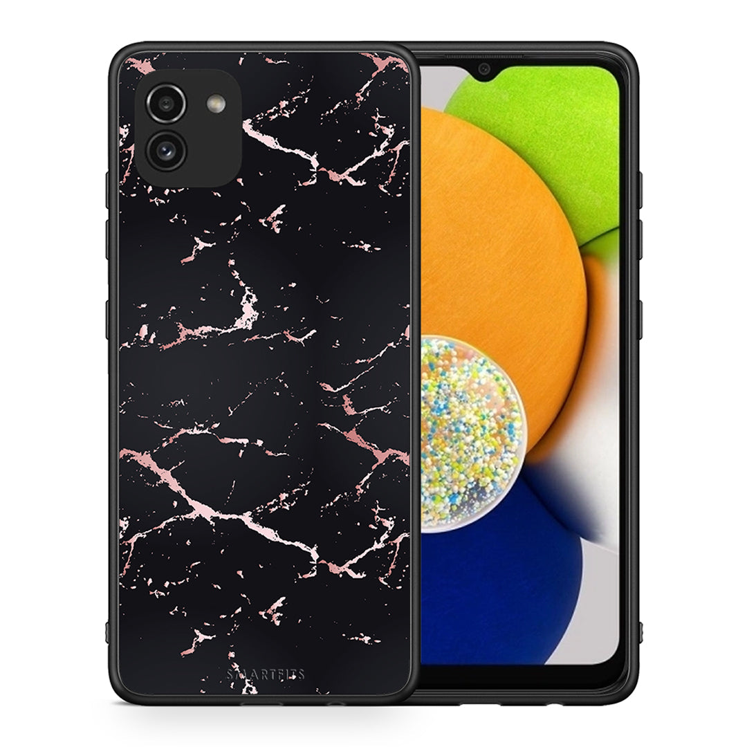 Θήκη Samsung A03 Black Rosegold Marble από τη Smartfits με σχέδιο στο πίσω μέρος και μαύρο περίβλημα | Samsung A03 Black Rosegold Marble case with colorful back and black bezels