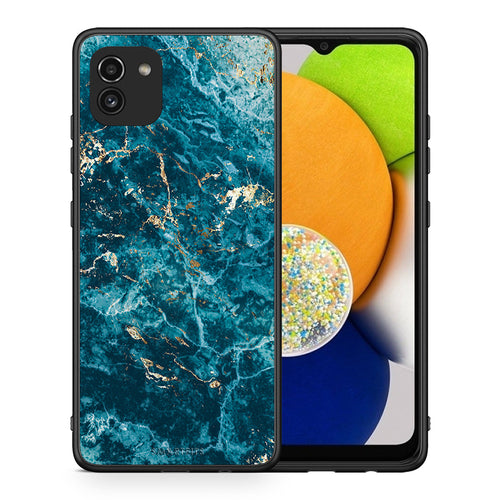 Θήκη Samsung A03 Marble Blue από τη Smartfits με σχέδιο στο πίσω μέρος και μαύρο περίβλημα | Samsung A03 Marble Blue case with colorful back and black bezels