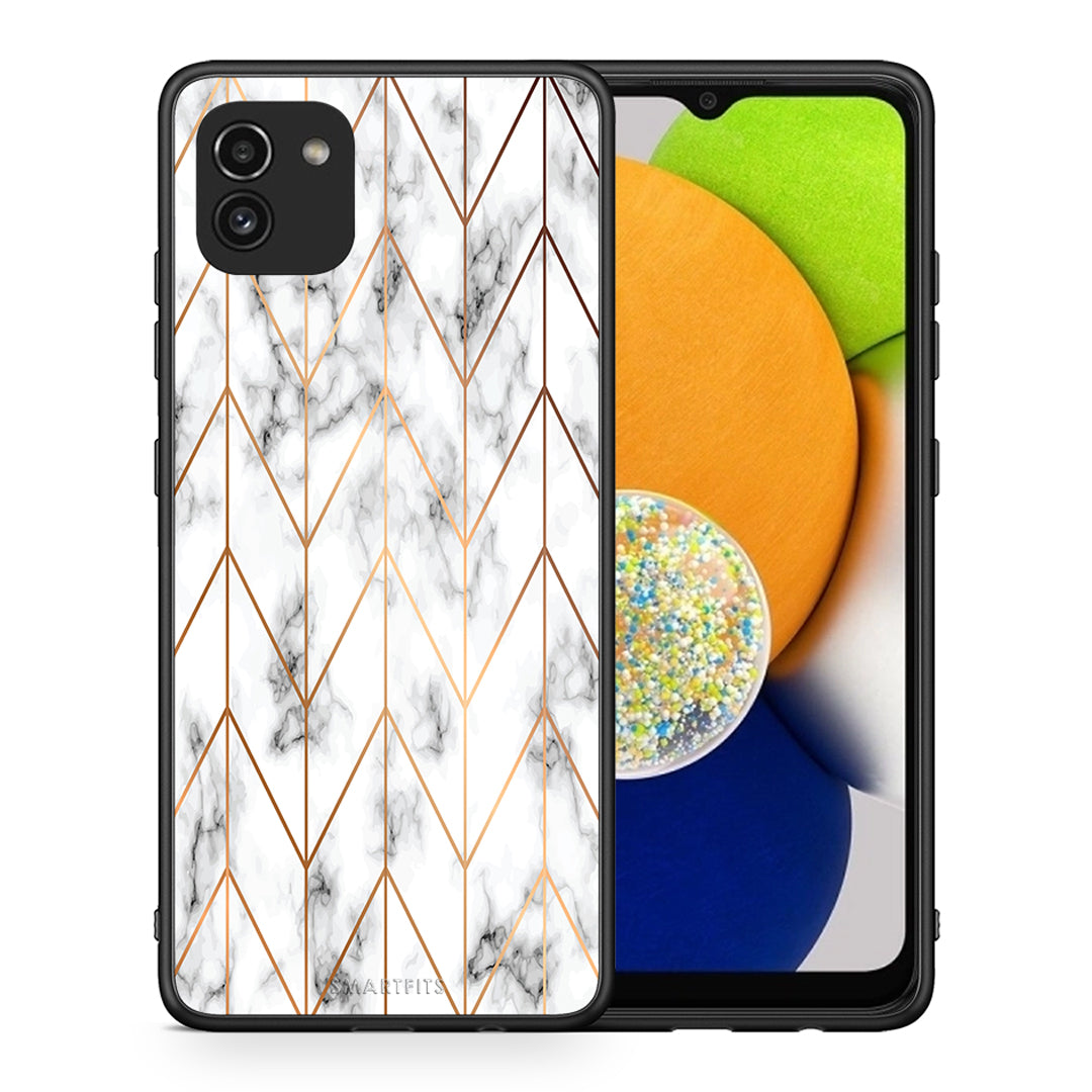 Θήκη Samsung A03 Gold Geometric Marble από τη Smartfits με σχέδιο στο πίσω μέρος και μαύρο περίβλημα | Samsung A03 Gold Geometric Marble case with colorful back and black bezels