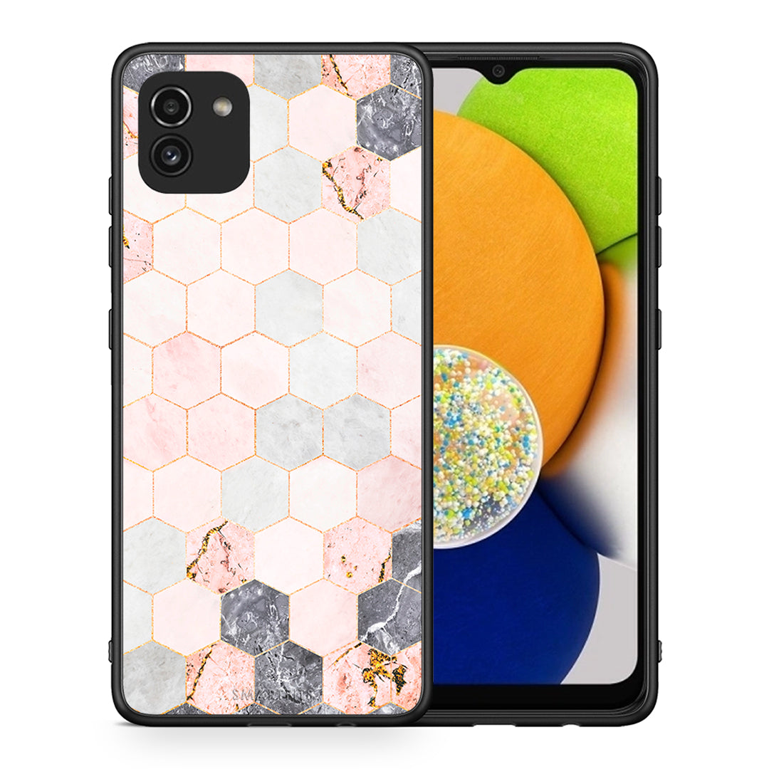 Θήκη Samsung A03 Hexagon Pink Marble από τη Smartfits με σχέδιο στο πίσω μέρος και μαύρο περίβλημα | Samsung A03 Hexagon Pink Marble case with colorful back and black bezels