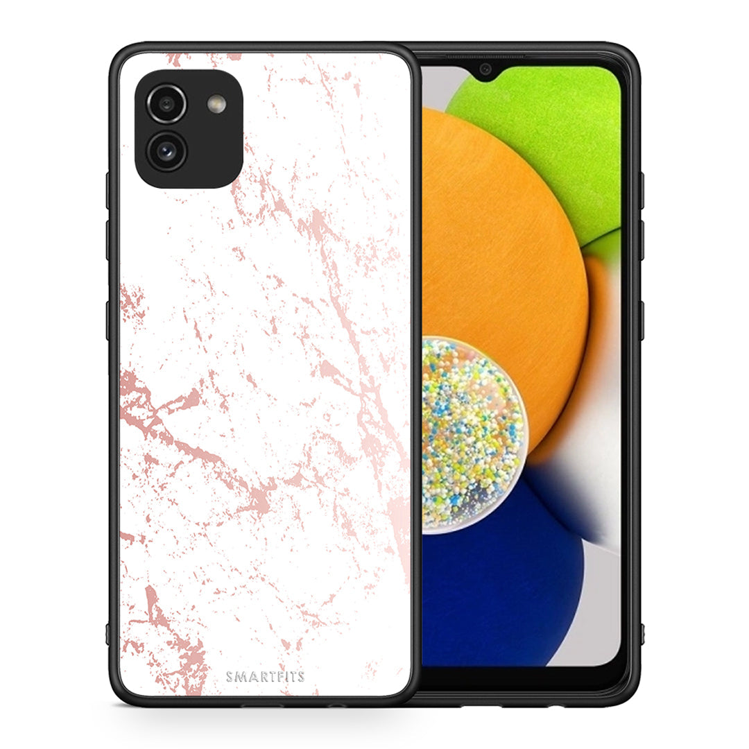 Θήκη Samsung A03 Pink Splash Marble από τη Smartfits με σχέδιο στο πίσω μέρος και μαύρο περίβλημα | Samsung A03 Pink Splash Marble case with colorful back and black bezels