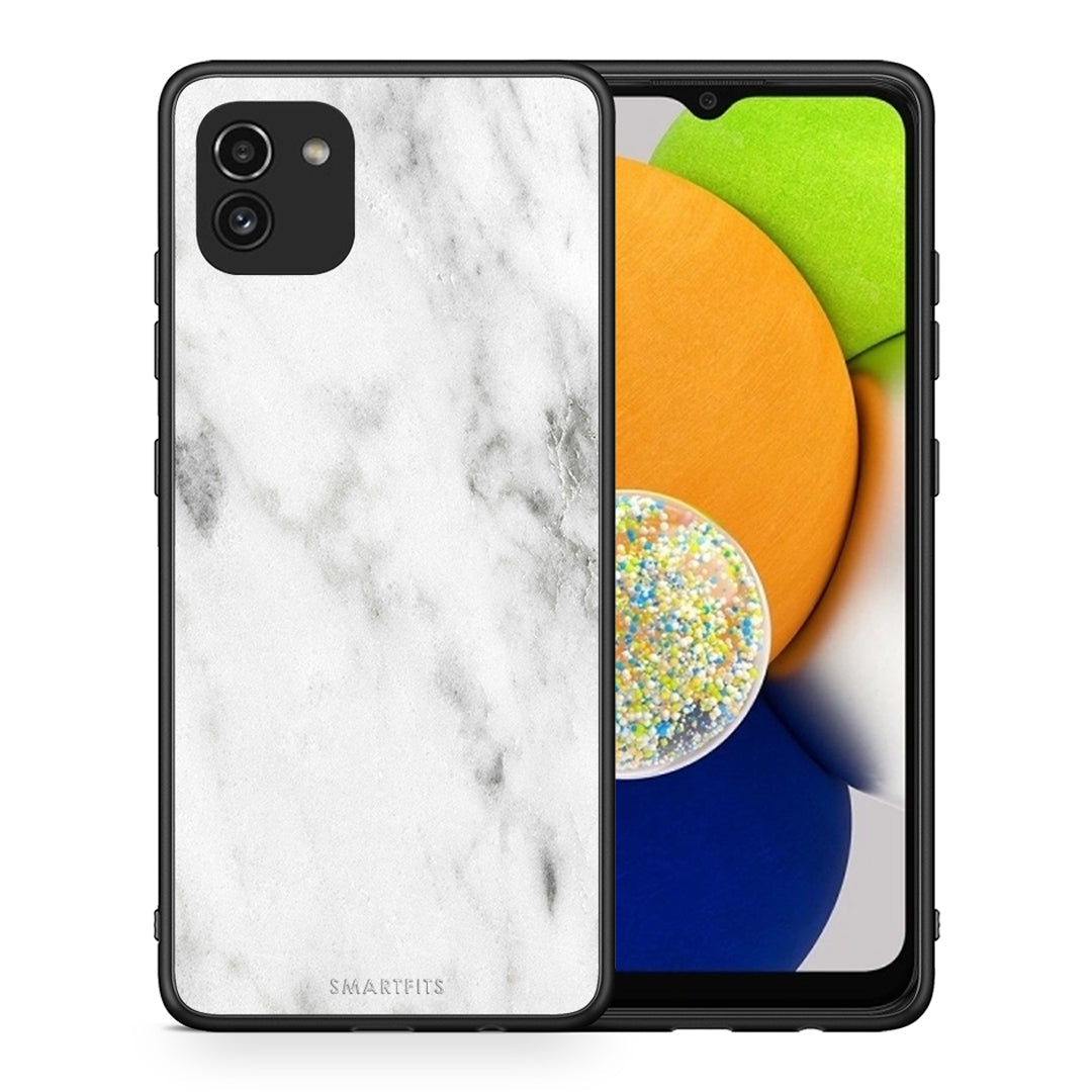 Θήκη Samsung A03 White Marble από τη Smartfits με σχέδιο στο πίσω μέρος και μαύρο περίβλημα | Samsung A03 White Marble case with colorful back and black bezels