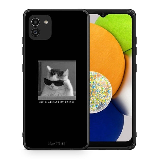 Θήκη Samsung A03 Meme Cat από τη Smartfits με σχέδιο στο πίσω μέρος και μαύρο περίβλημα | Samsung A03 Meme Cat case with colorful back and black bezels