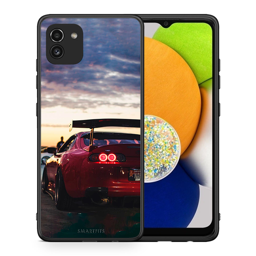 Θήκη Samsung A03 Racing Supra από τη Smartfits με σχέδιο στο πίσω μέρος και μαύρο περίβλημα | Samsung A03 Racing Supra case with colorful back and black bezels