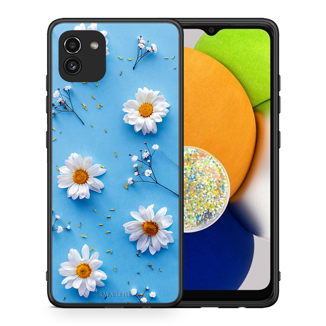 Θήκη Samsung A03 Real Daisies από τη Smartfits με σχέδιο στο πίσω μέρος και μαύρο περίβλημα | Samsung A03 Real Daisies case with colorful back and black bezels