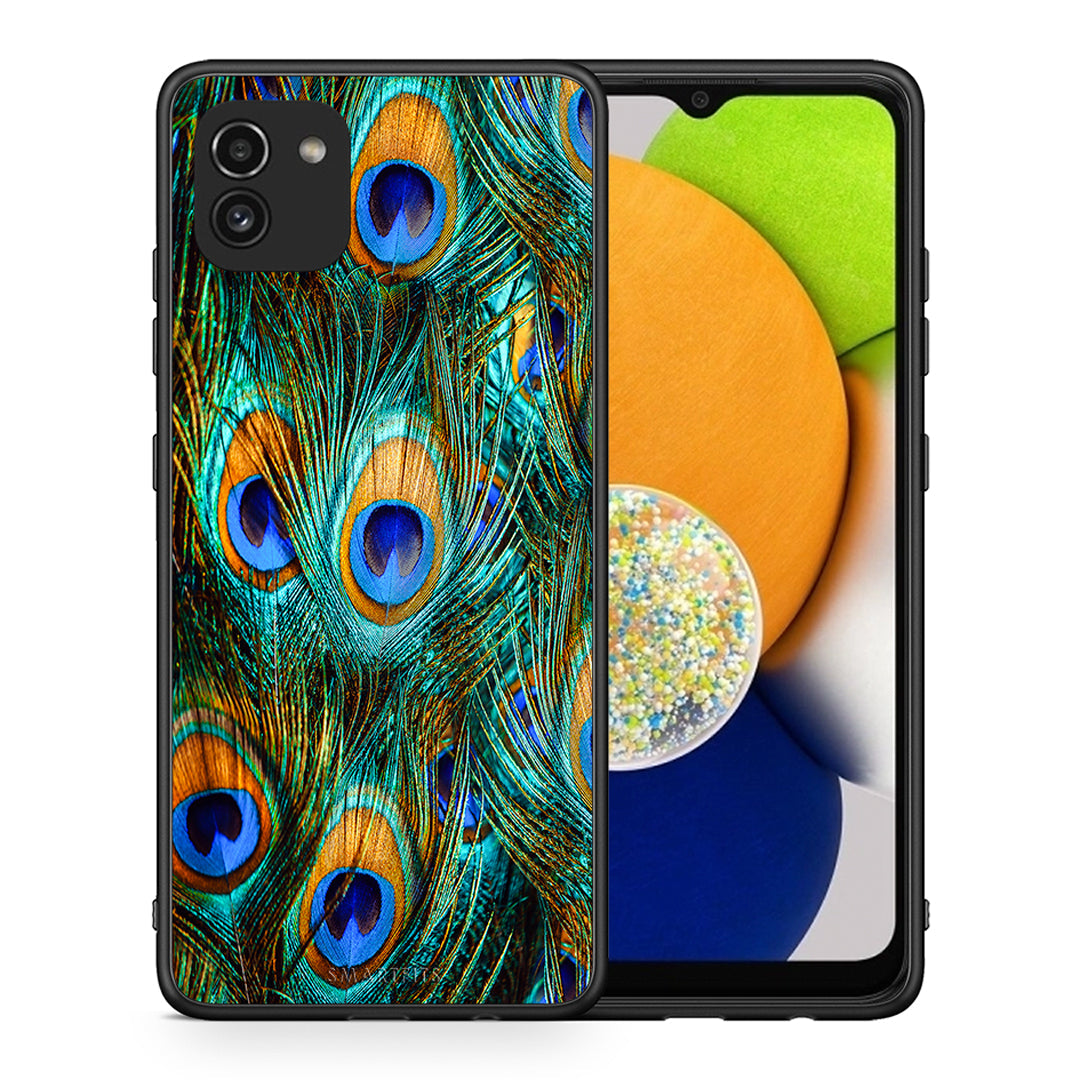 Θήκη Samsung A03 Real Peacock Feathers από τη Smartfits με σχέδιο στο πίσω μέρος και μαύρο περίβλημα | Samsung A03 Real Peacock Feathers case with colorful back and black bezels