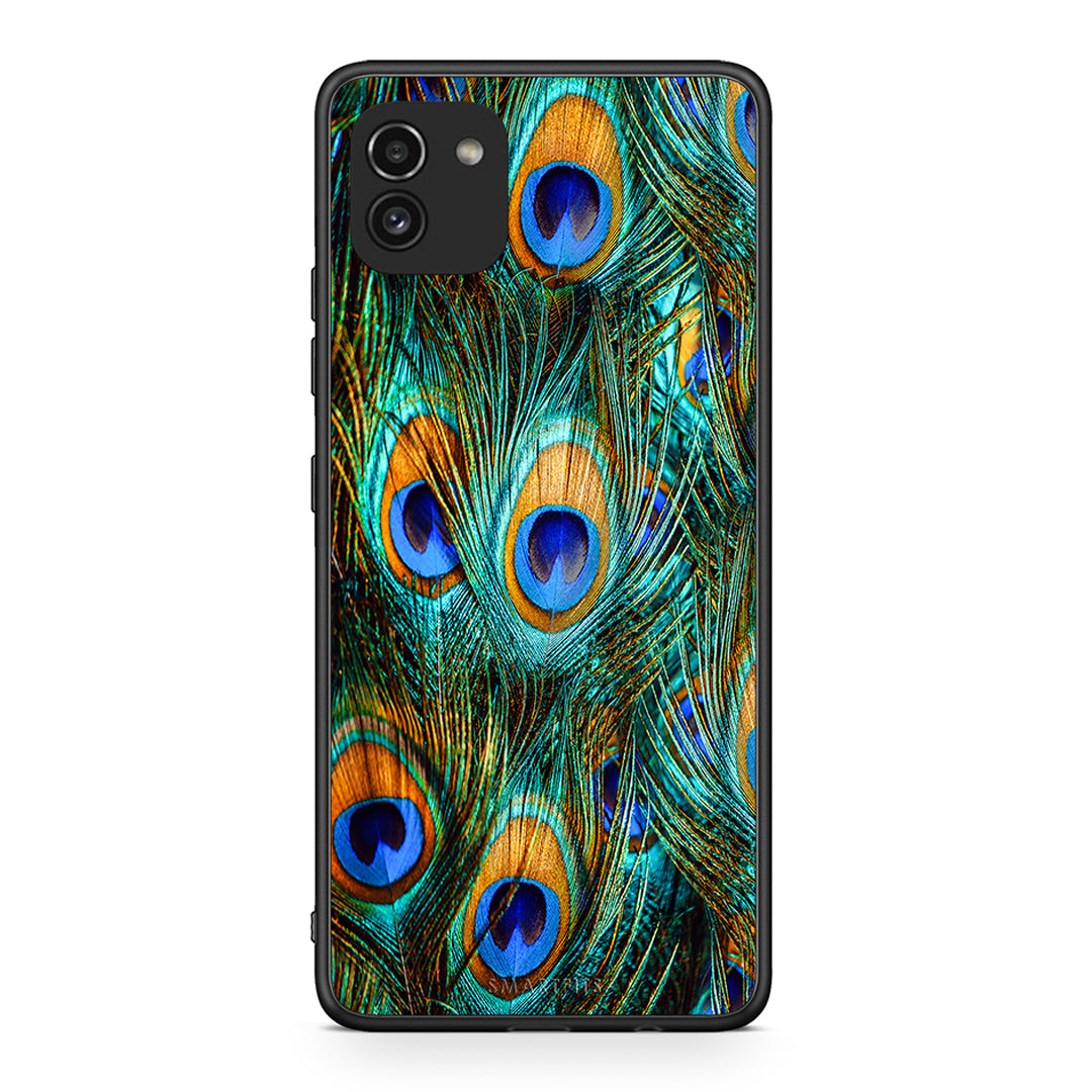 Samsung A03 Real Peacock Feathers θήκη από τη Smartfits με σχέδιο στο πίσω μέρος και μαύρο περίβλημα | Smartphone case with colorful back and black bezels by Smartfits