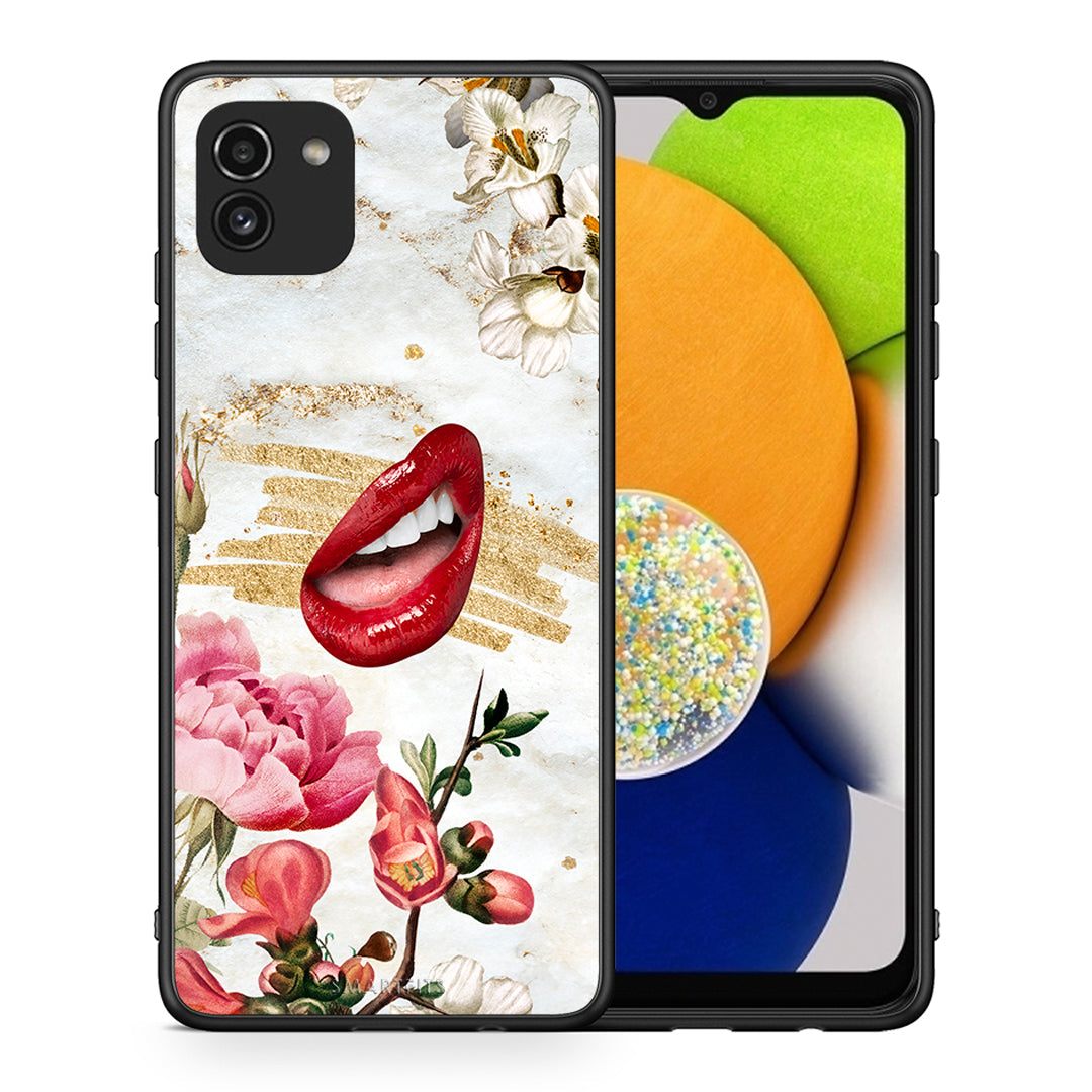 Θήκη Samsung A03 Red Lips από τη Smartfits με σχέδιο στο πίσω μέρος και μαύρο περίβλημα | Samsung A03 Red Lips case with colorful back and black bezels