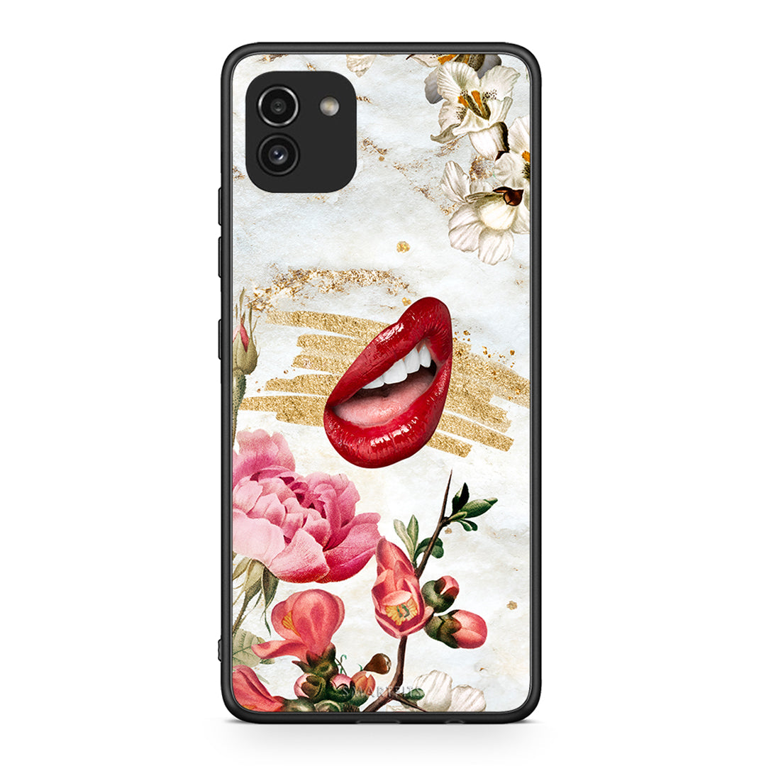Samsung A03 Red Lips θήκη από τη Smartfits με σχέδιο στο πίσω μέρος και μαύρο περίβλημα | Smartphone case with colorful back and black bezels by Smartfits