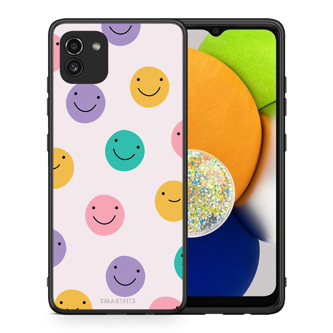 Θήκη Samsung A03 Smiley Faces από τη Smartfits με σχέδιο στο πίσω μέρος και μαύρο περίβλημα | Samsung A03 Smiley Faces case with colorful back and black bezels