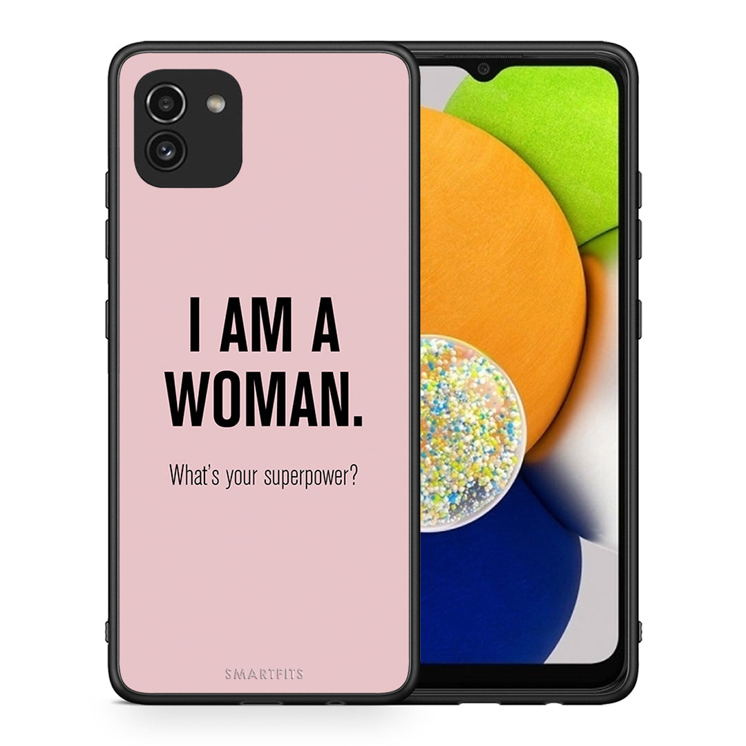 Θήκη Samsung A03 Superpower Woman από τη Smartfits με σχέδιο στο πίσω μέρος και μαύρο περίβλημα | Samsung A03 Superpower Woman case with colorful back and black bezels