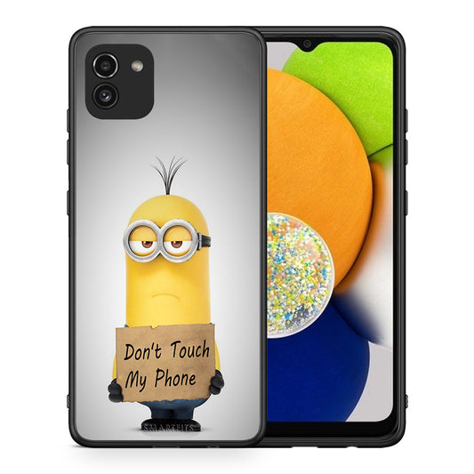 Θήκη Samsung A03 Minion Text από τη Smartfits με σχέδιο στο πίσω μέρος και μαύρο περίβλημα | Samsung A03 Minion Text case with colorful back and black bezels