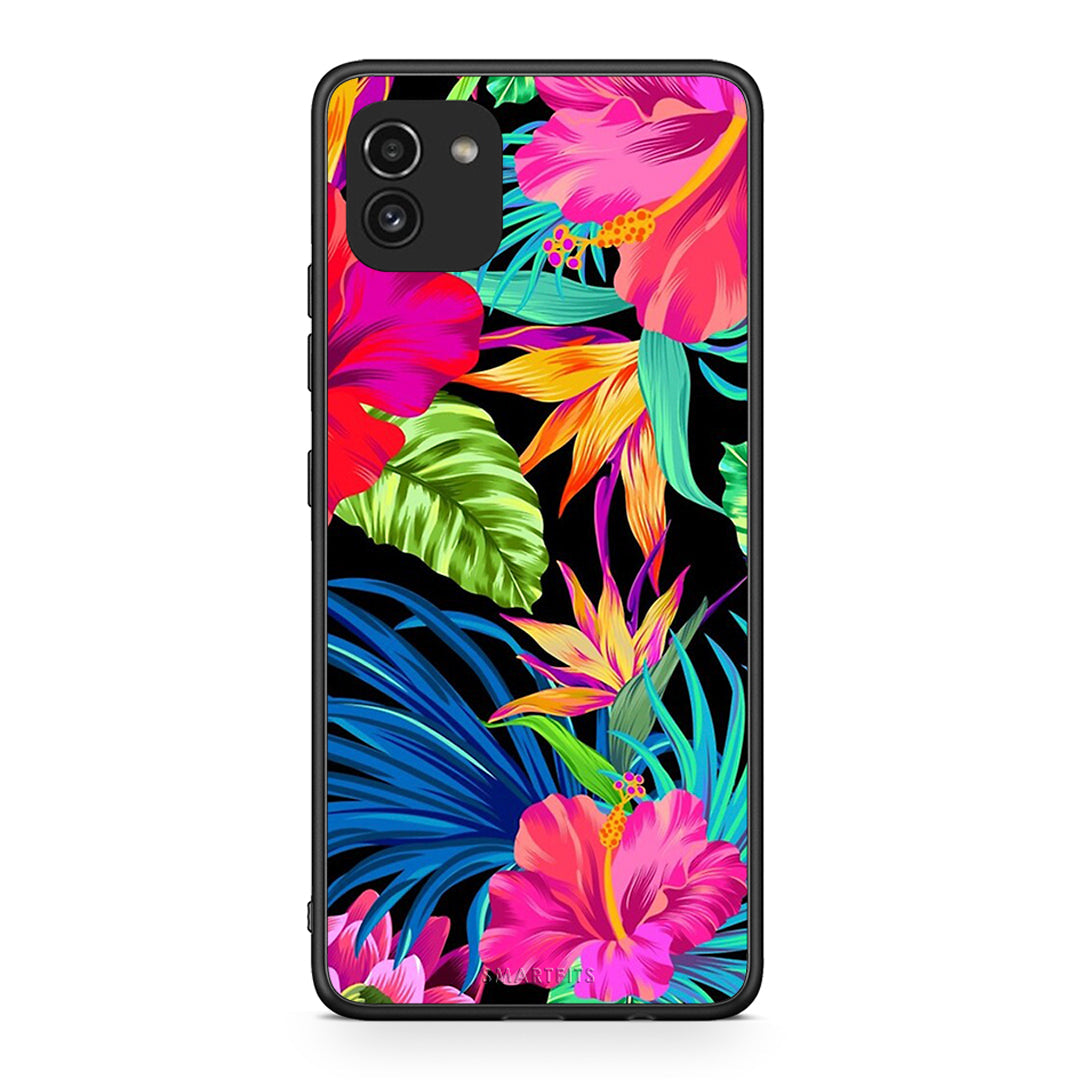 Samsung A03 Tropical Flowers θήκη από τη Smartfits με σχέδιο στο πίσω μέρος και μαύρο περίβλημα | Smartphone case with colorful back and black bezels by Smartfits