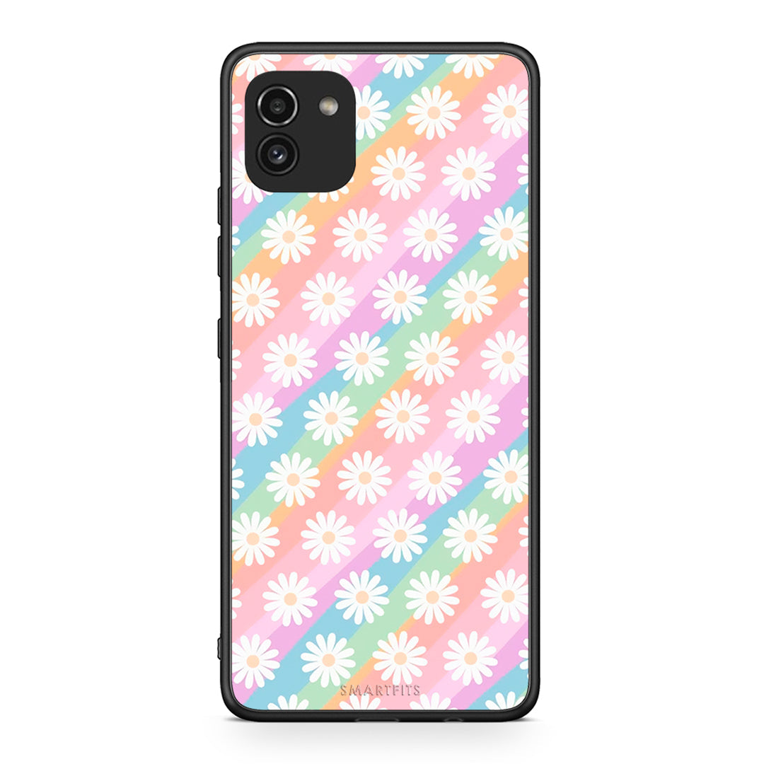 Samsung A03 White Daisies θήκη από τη Smartfits με σχέδιο στο πίσω μέρος και μαύρο περίβλημα | Smartphone case with colorful back and black bezels by Smartfits