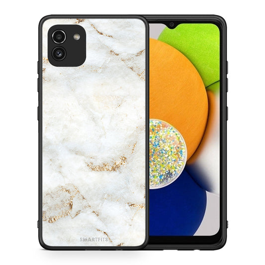 Θήκη Samsung A03 White Gold Marble από τη Smartfits με σχέδιο στο πίσω μέρος και μαύρο περίβλημα | Samsung A03 White Gold Marble case with colorful back and black bezels