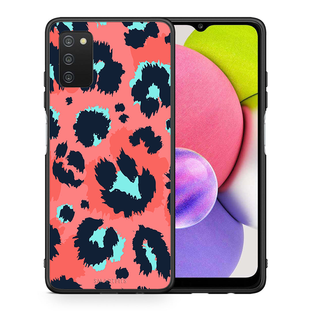 Θήκη Samsung A03s Pink Leopard Animal από τη Smartfits με σχέδιο στο πίσω μέρος και μαύρο περίβλημα | Samsung A03s Pink Leopard Animal case with colorful back and black bezels