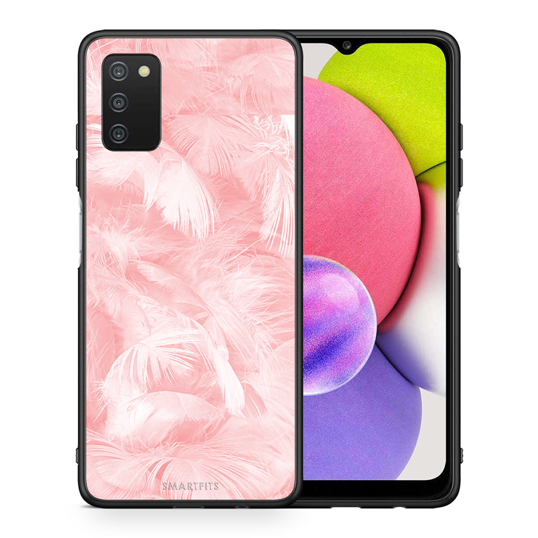 Θήκη Samsung A03s Pink Feather Boho από τη Smartfits με σχέδιο στο πίσω μέρος και μαύρο περίβλημα | Samsung A03s Pink Feather Boho case with colorful back and black bezels