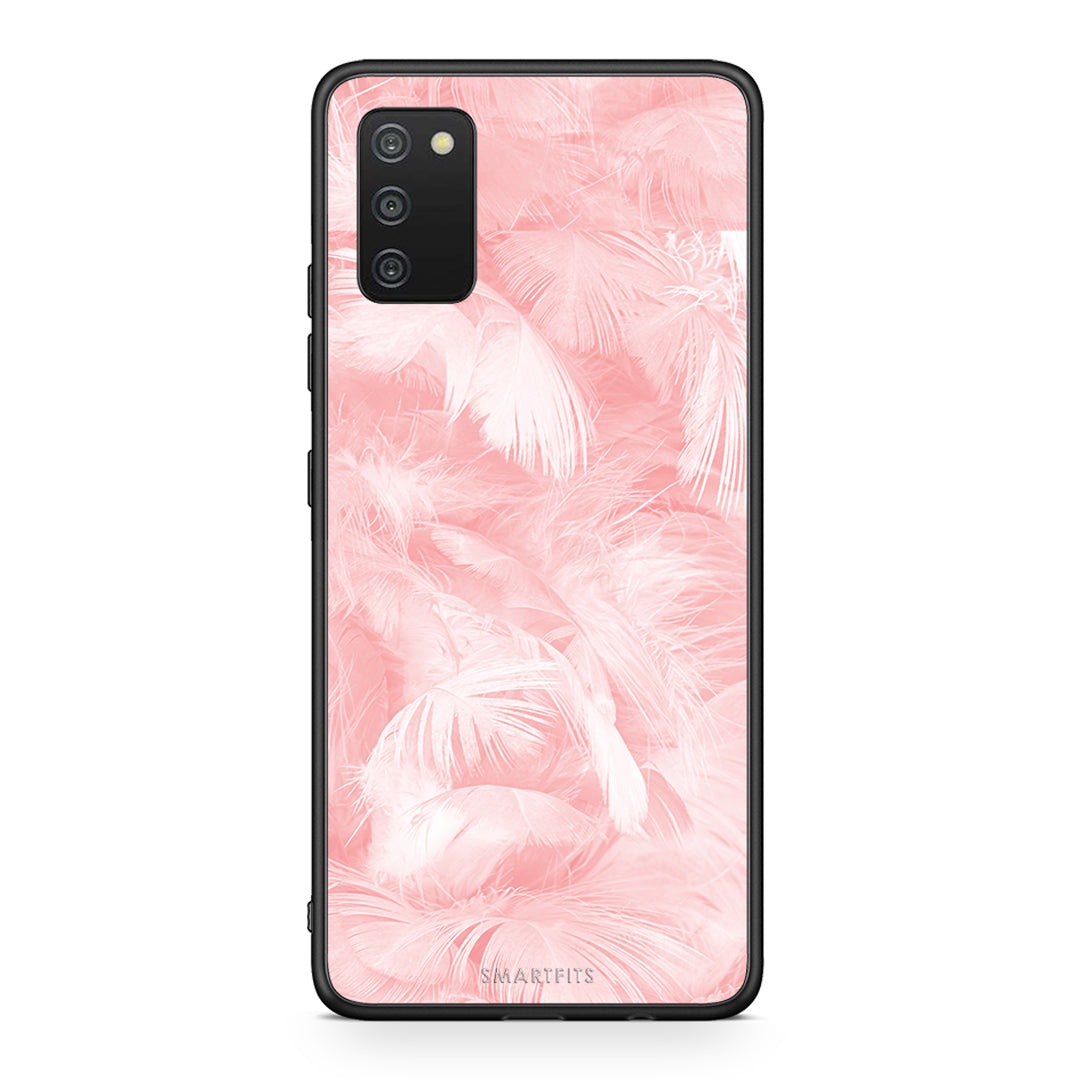 33 - Samsung A03s Pink Feather Boho case, cover, bumper