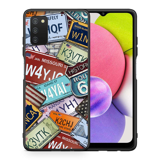 Θήκη Samsung A03s Car Plates από τη Smartfits με σχέδιο στο πίσω μέρος και μαύρο περίβλημα | Samsung A03s Car Plates case with colorful back and black bezels