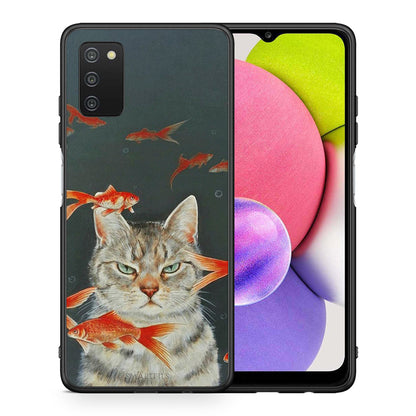 Θήκη Samsung A03s Cat Goldfish από τη Smartfits με σχέδιο στο πίσω μέρος και μαύρο περίβλημα | Samsung A03s Cat Goldfish case with colorful back and black bezels