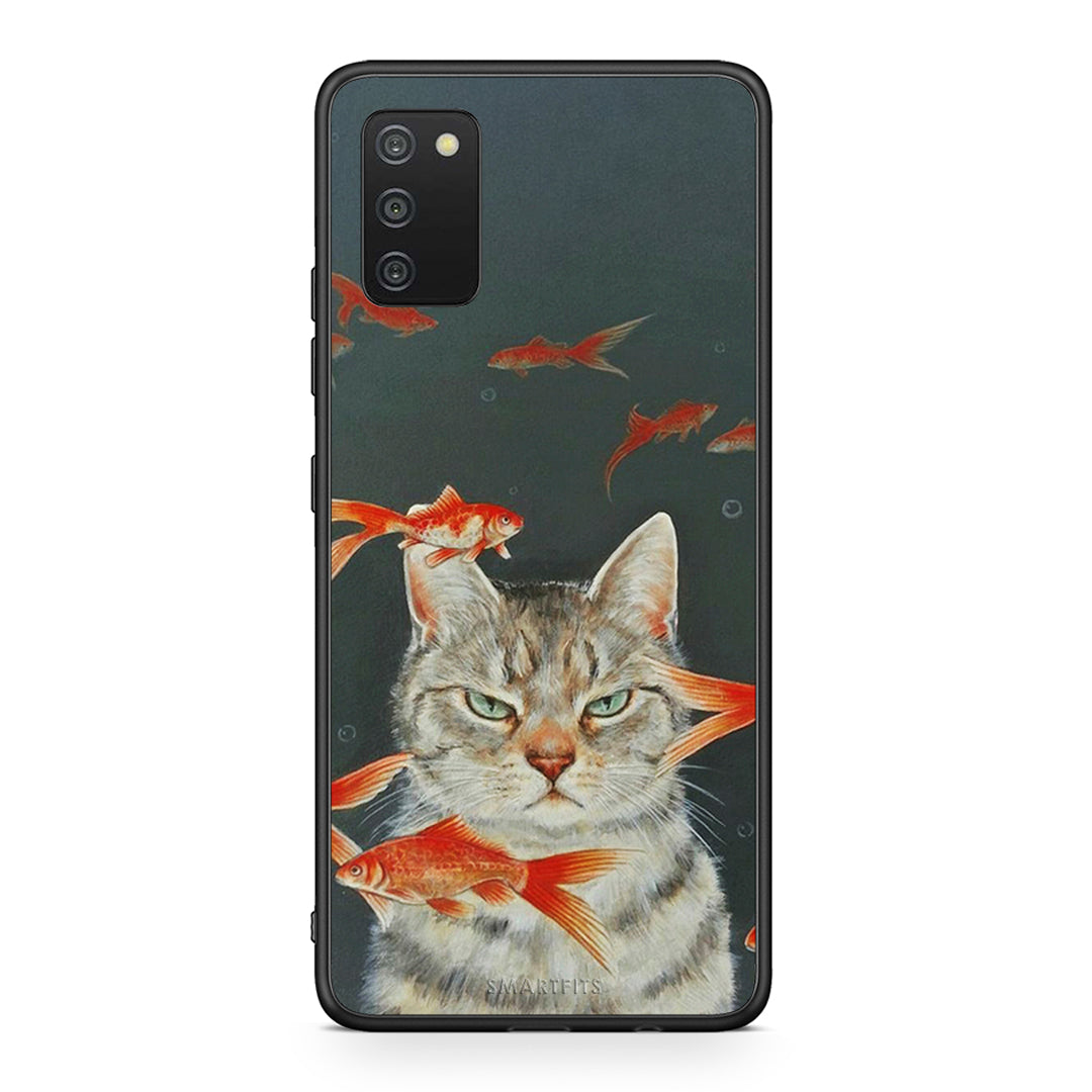 Samsung A03s Cat Goldfish θήκη από τη Smartfits με σχέδιο στο πίσω μέρος και μαύρο περίβλημα | Smartphone case with colorful back and black bezels by Smartfits