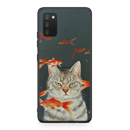 Samsung A03s Cat Goldfish θήκη από τη Smartfits με σχέδιο στο πίσω μέρος και μαύρο περίβλημα | Smartphone case with colorful back and black bezels by Smartfits