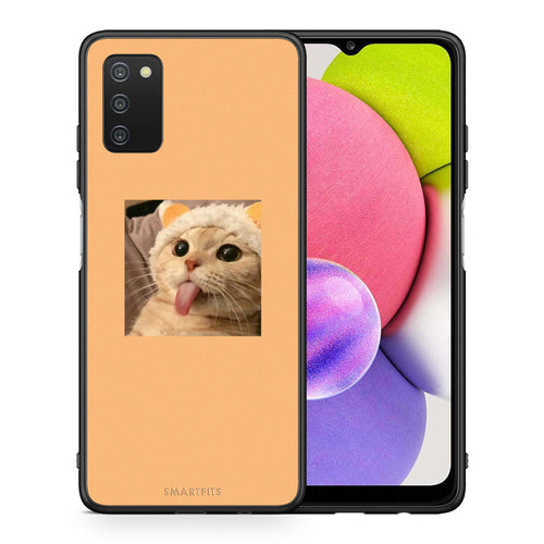 Θήκη Samsung A03s Cat Tongue από τη Smartfits με σχέδιο στο πίσω μέρος και μαύρο περίβλημα | Samsung A03s Cat Tongue case with colorful back and black bezels