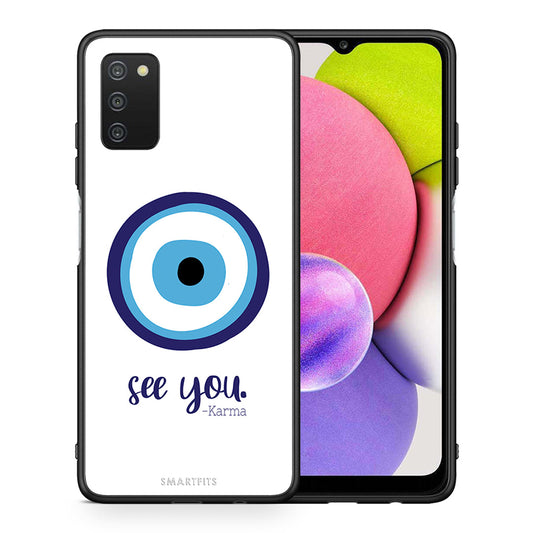 Θήκη Samsung A03s Karma Says από τη Smartfits με σχέδιο στο πίσω μέρος και μαύρο περίβλημα | Samsung A03s Karma Says case with colorful back and black bezels