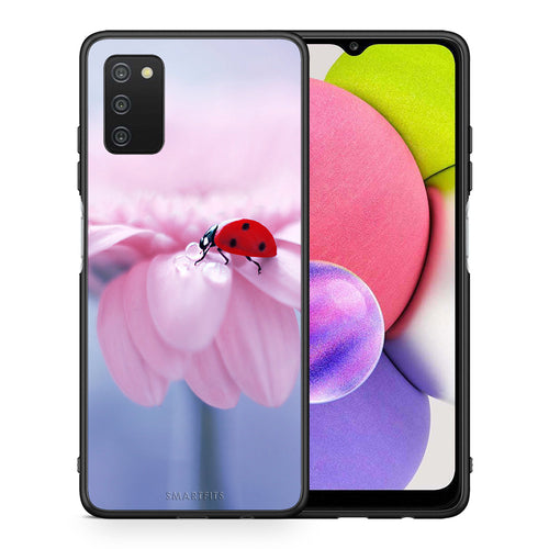 Θήκη Samsung A03s Ladybug Flower από τη Smartfits με σχέδιο στο πίσω μέρος και μαύρο περίβλημα | Samsung A03s Ladybug Flower case with colorful back and black bezels