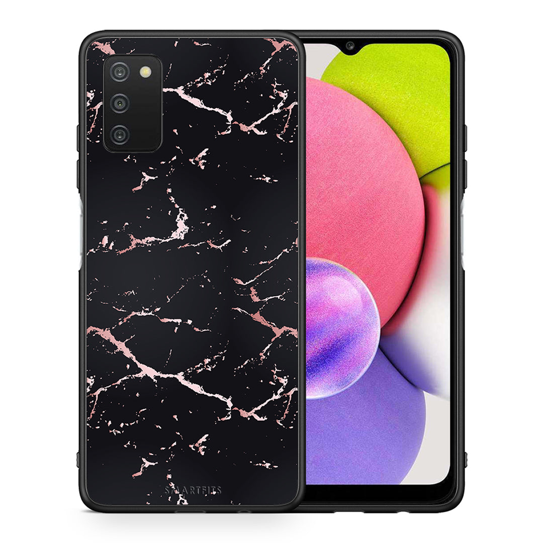 Θήκη Samsung A03s Black Rosegold Marble από τη Smartfits με σχέδιο στο πίσω μέρος και μαύρο περίβλημα | Samsung A03s Black Rosegold Marble case with colorful back and black bezels
