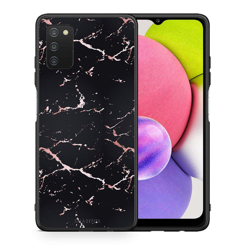 Θήκη Samsung A03s Black Rosegold Marble από τη Smartfits με σχέδιο στο πίσω μέρος και μαύρο περίβλημα | Samsung A03s Black Rosegold Marble case with colorful back and black bezels